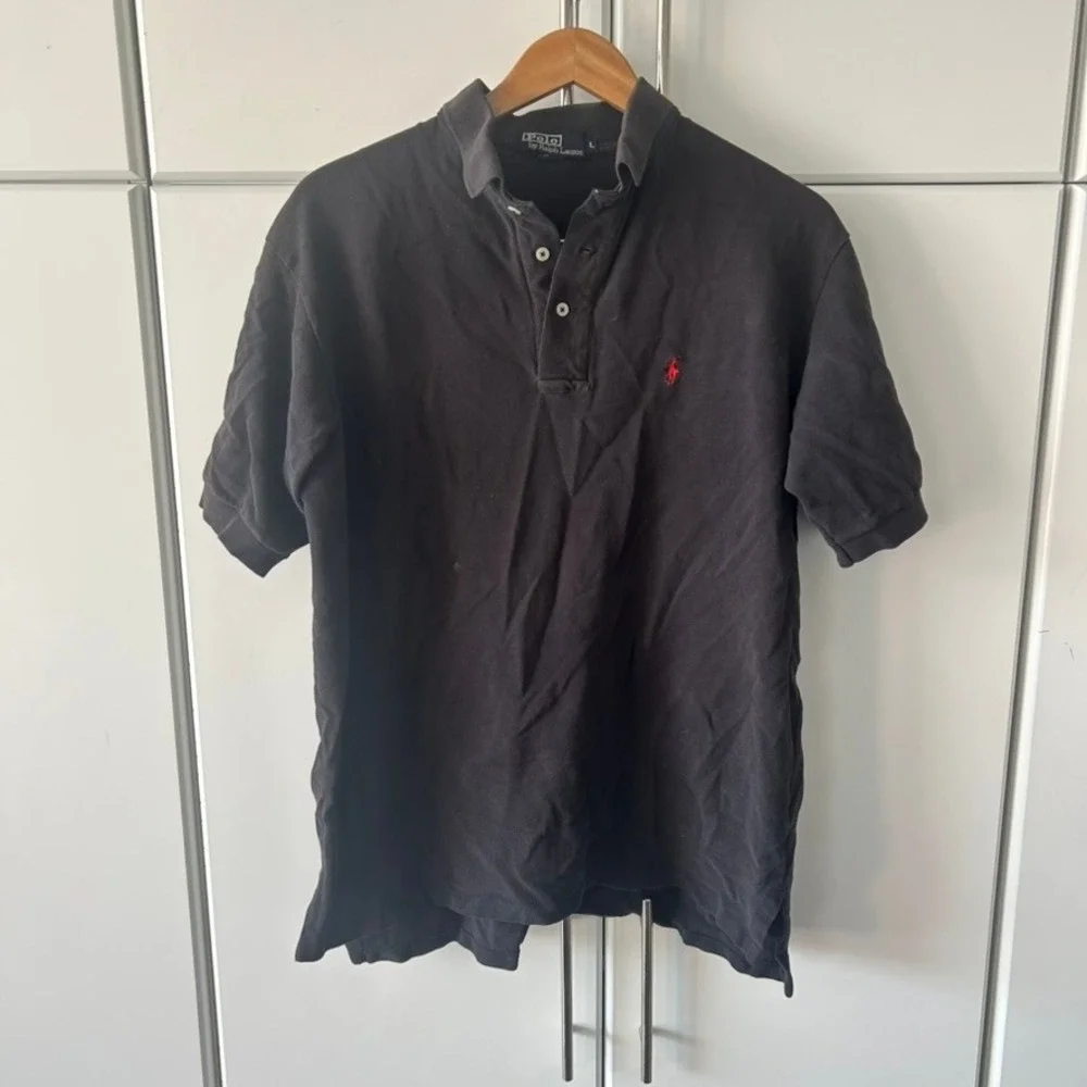 Vintage Polo Ralph Lauren Mens Black Pique Polo Shirt Made in USA Red Pony Large